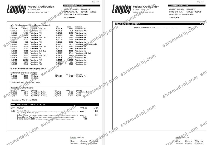 USA Langley Federal Credit Union bank statement, 6 pages 3